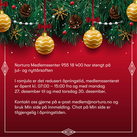 Julebilde med infotekst om åpningstider i jula for Nortura medlemssenter